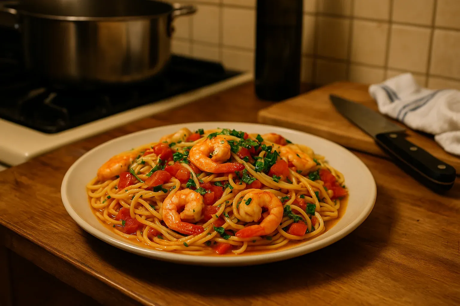 Shrimp spaghetti with diced tomatoes and fresh herbs on a white plate, with a knife and pot in the background on a wooden countertop.