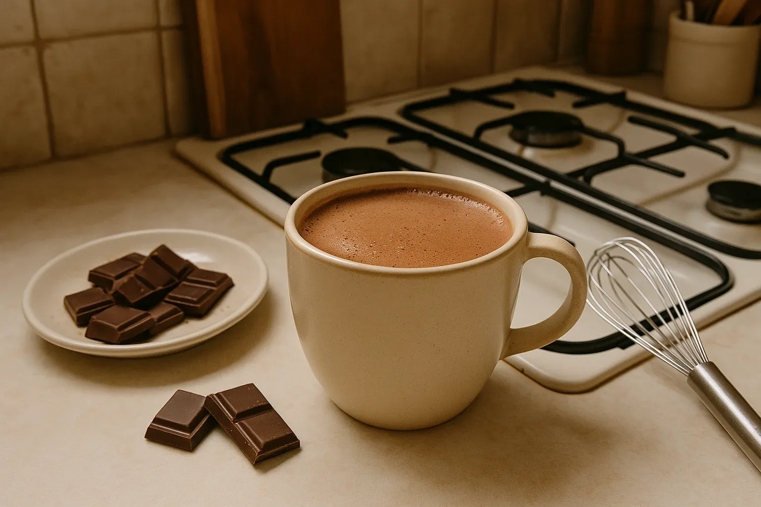 Creamy hot chocolate in a beige mug with chocolate pieces on a plate and a whisk on a kitchen counter near a stove.