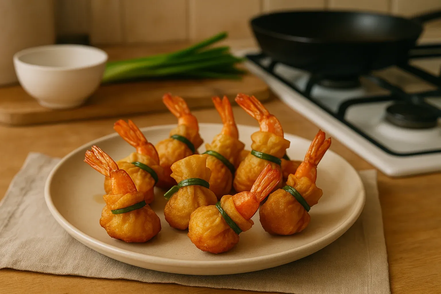 Golden fried shrimp bundles tied with green onions on a beige plate, set on a wooden kitchen counter near a stove.