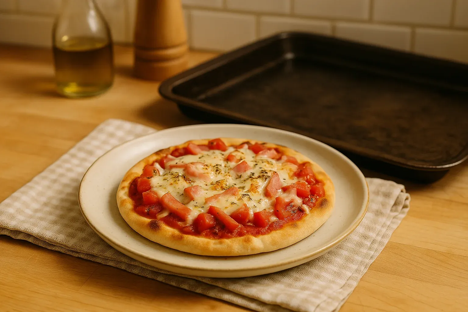 Personal-sized pizza with diced tomatoes and melted cheese on a white plate, set on a checkered cloth with kitchen items in the background.