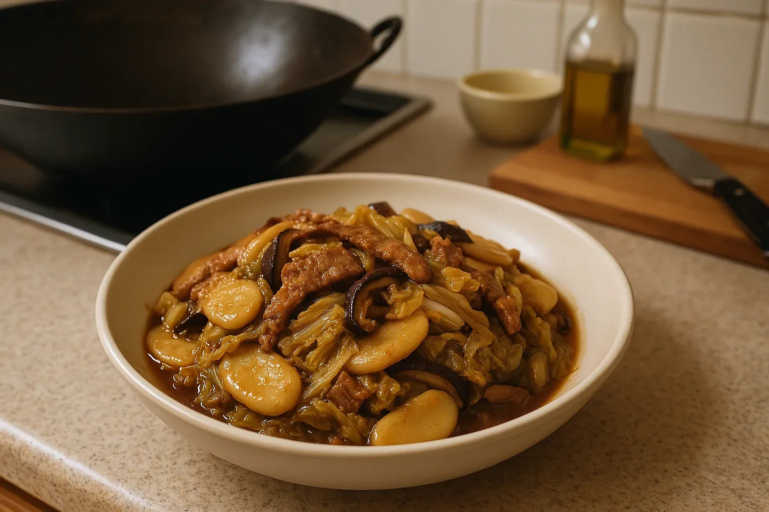 Stir-fried dish with sliced pork, mushrooms, cabbage, and rice cakes in a savory sauce served in a white bowl on a kitchen counter.
