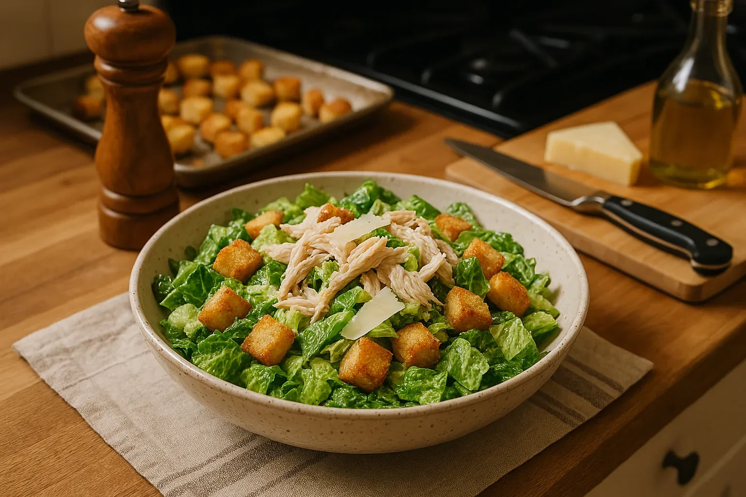 Chicken Caesar salad with romaine lettuce, croutons, shredded chicken, and shaved Parmesan cheese on a kitchen counter with ingredients in the background.