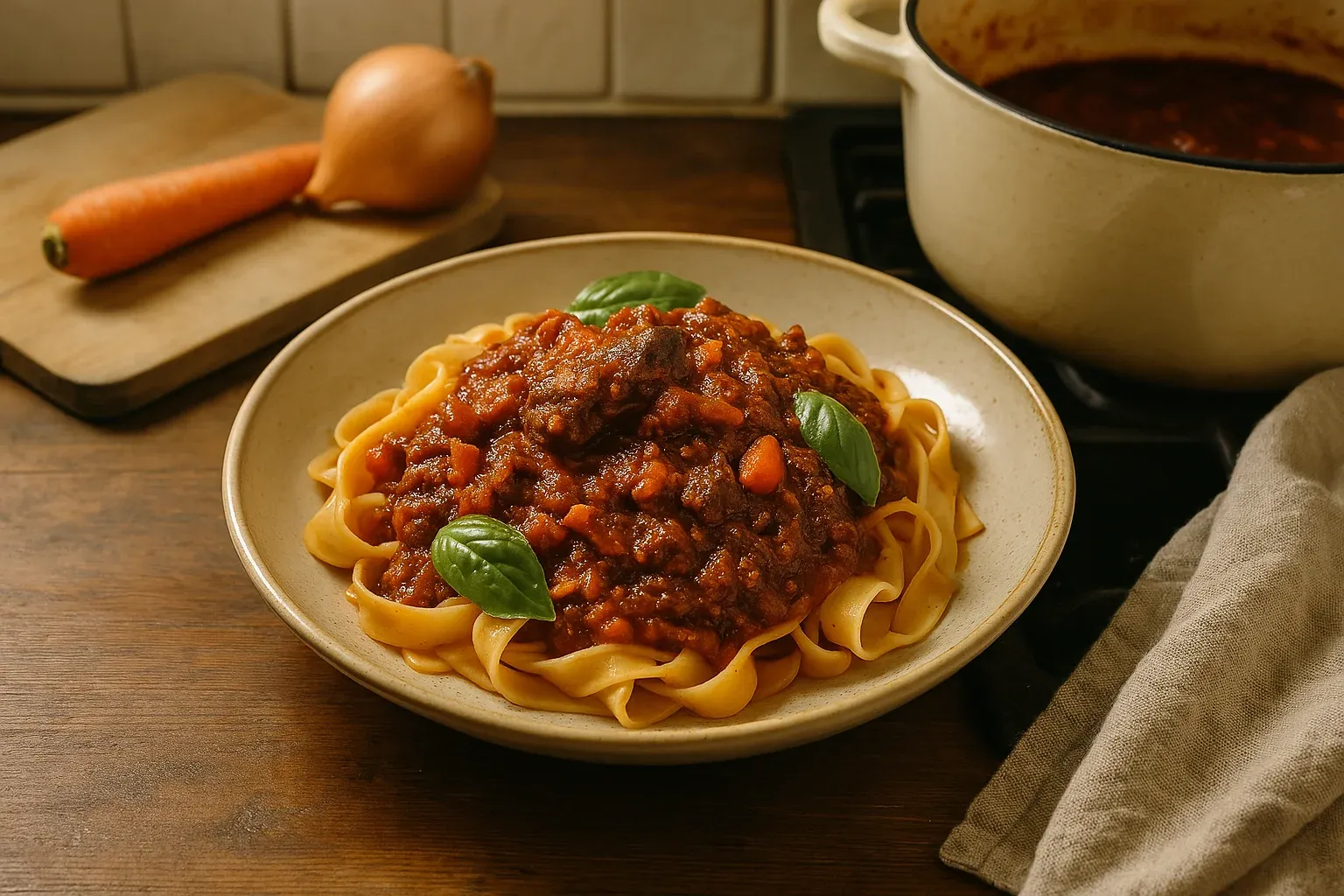 Homemade pasta topped with rich tomato meat sauce, garnished with fresh basil leaves, carrot and onion on cutting board in background.