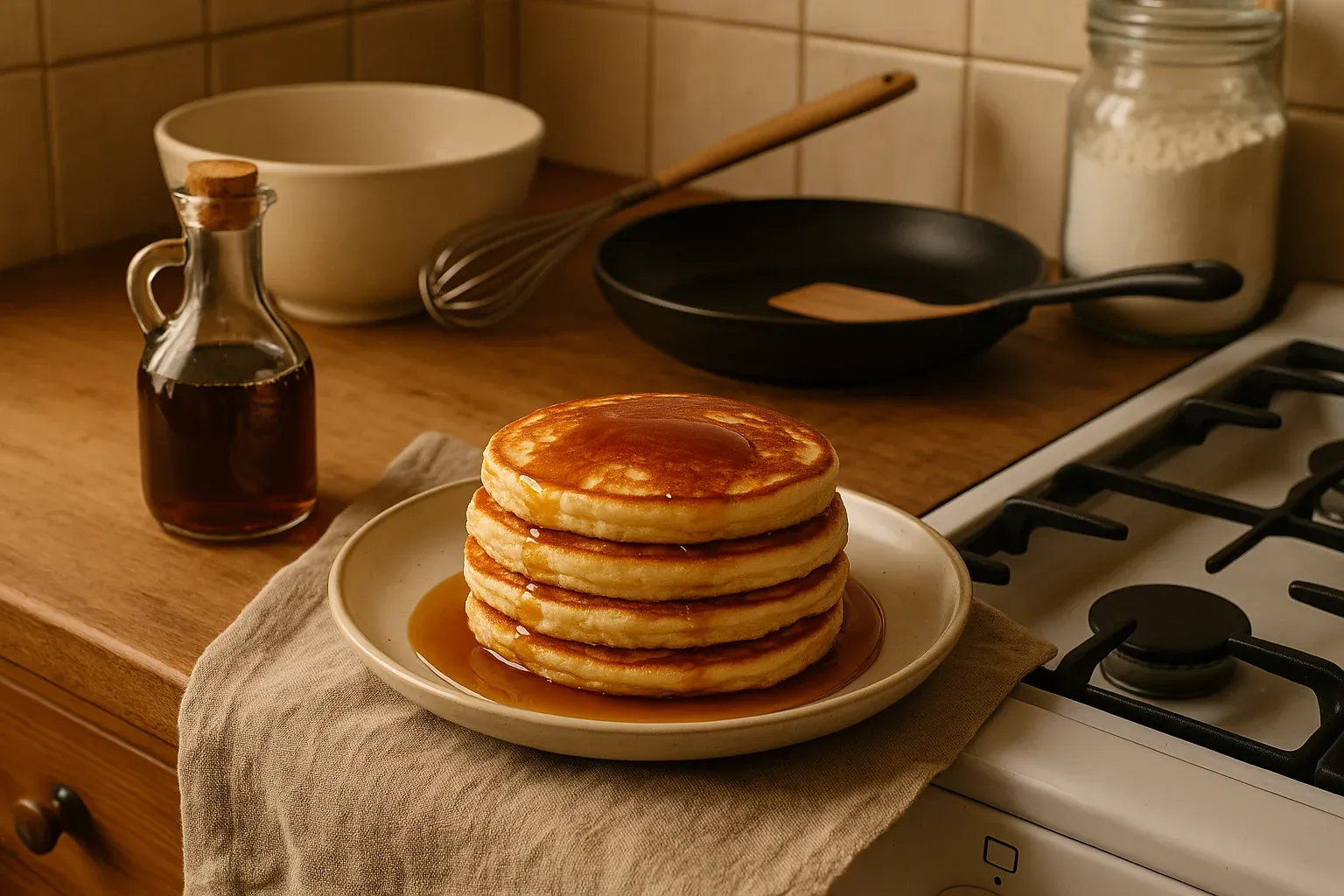 Stack of golden pancakes with syrup on a plate, next to a jar of syrup, whisk, skillet, and flour on a wooden kitchen counter.