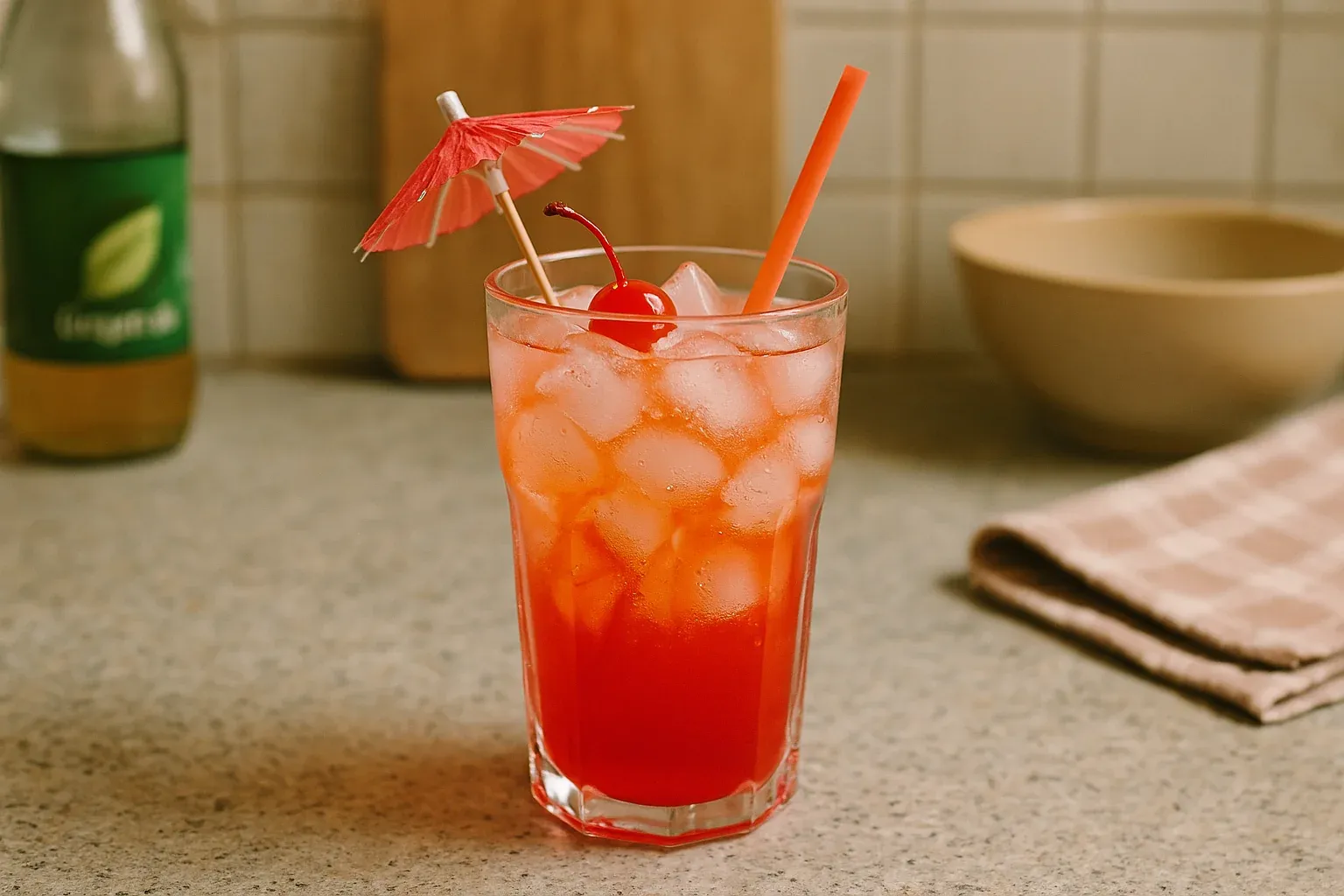 Cherry-topped, iced red cocktail with a paper umbrella and straw, set on a kitchen counter with a bottle and towel nearby.
