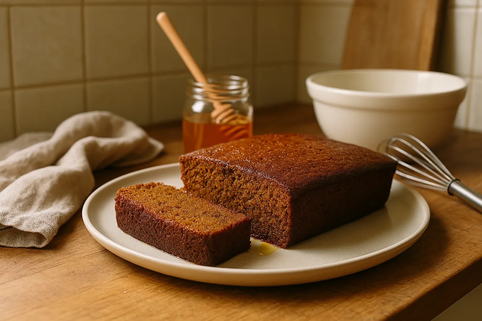 A moist, sliced honey cake on a plate with a jar of honey, a whisk, and a linen cloth in a cozy kitchen setting.